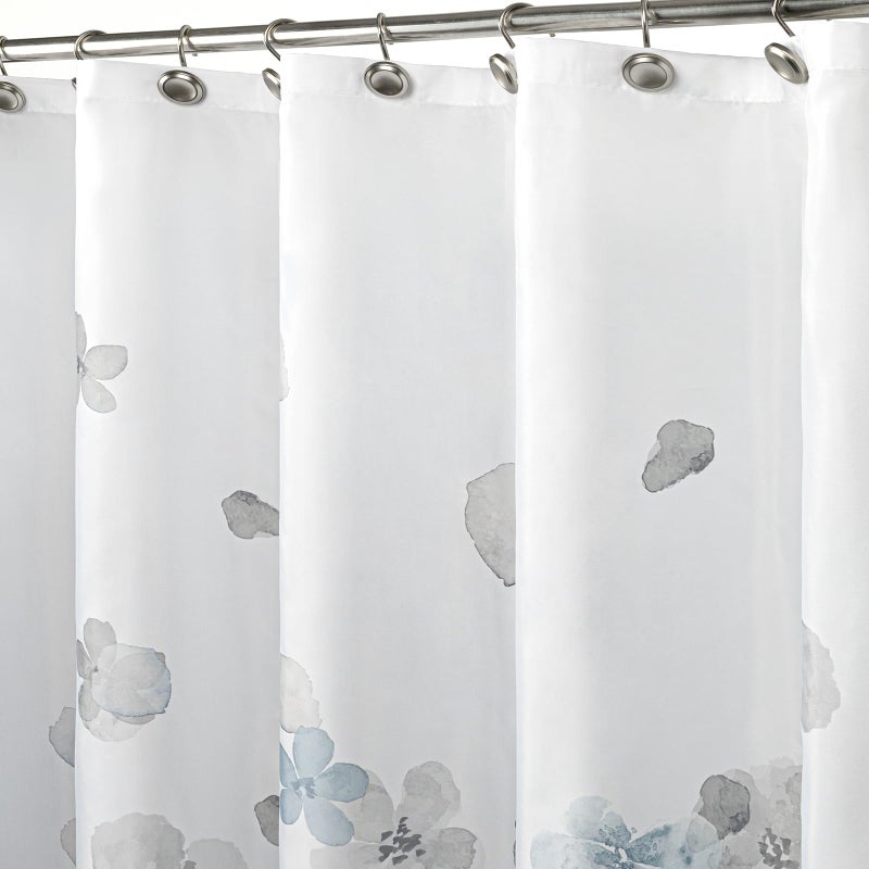 Sunlit Design Simple Style Blue and Gray Flower Blossoms Fabric Shower Curtains for Bathroom Decor with White Background, Machine Washable - Image 2